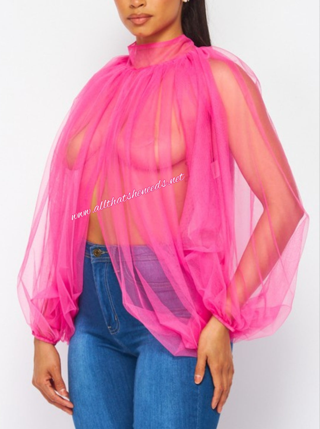 Organza Mesh Blouse  Sheer pink blouse, Pink mesh top, Mesh top