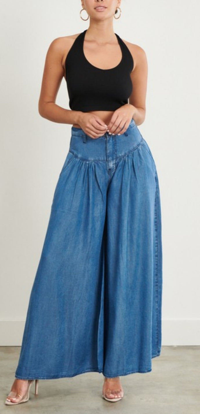 Wide leg palazzo trousers with tie waist Color blue jeans - SINSAY -  1868B-55J